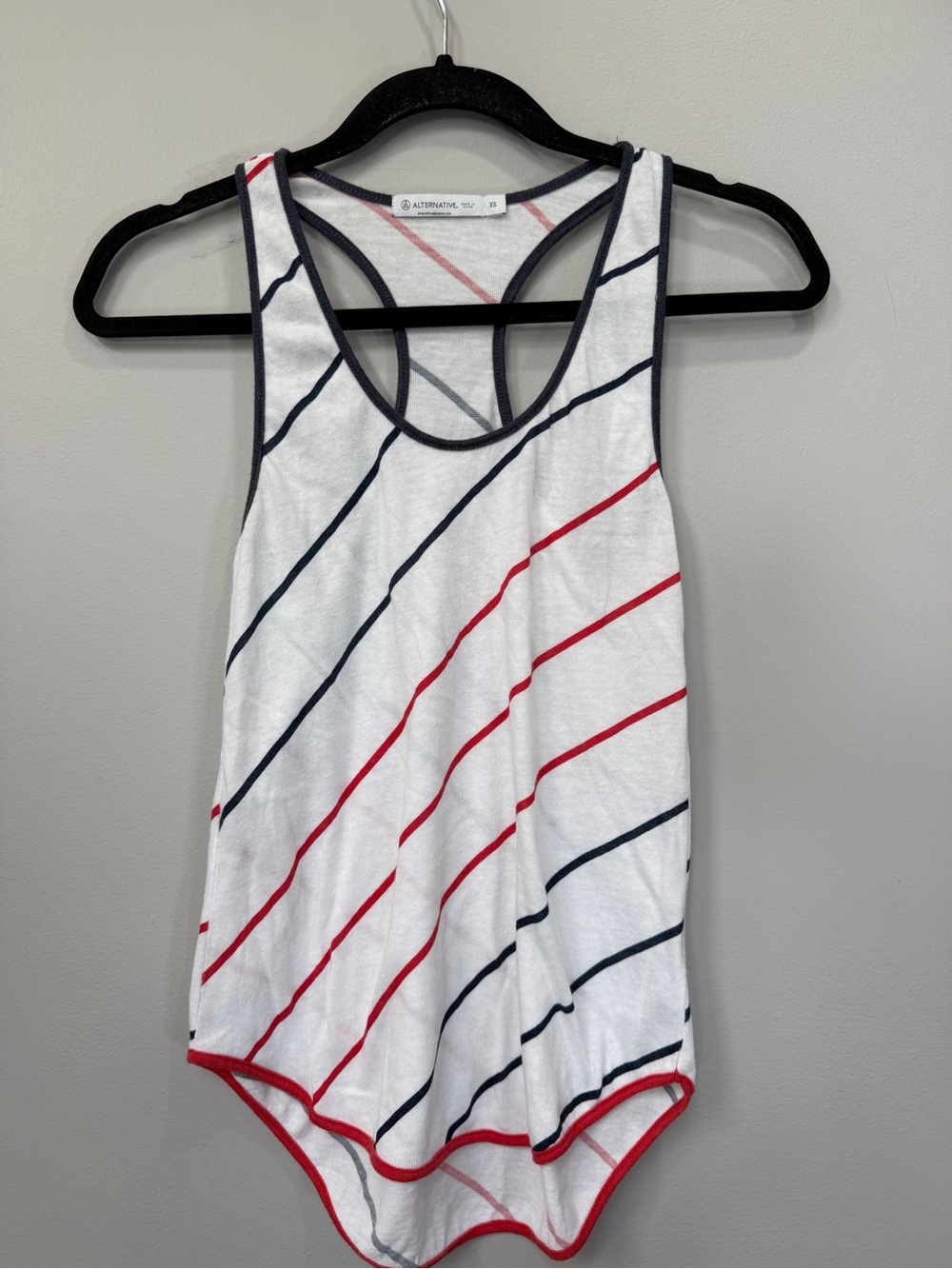 Alternative White Racerback Tank with Red & Navy Diagonal Stripes